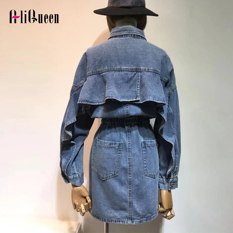 

Женское винтажное джинсовое мини-платье с оборками, осенняя темпераментная одежда, облегающее джинсовое платье с длинным рукавом и эластич...