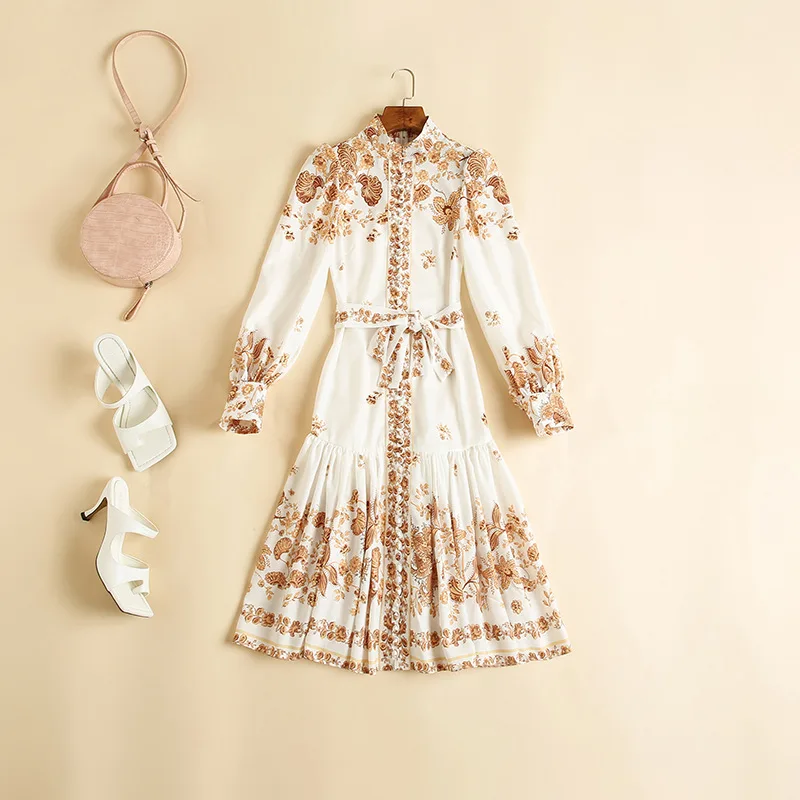 

Newest Fashion Designer Dress 2020 Autumn Women Yellow Floral Print Vintage Buttons Deco Full Sleeve Casual Long Shirt Dress XL