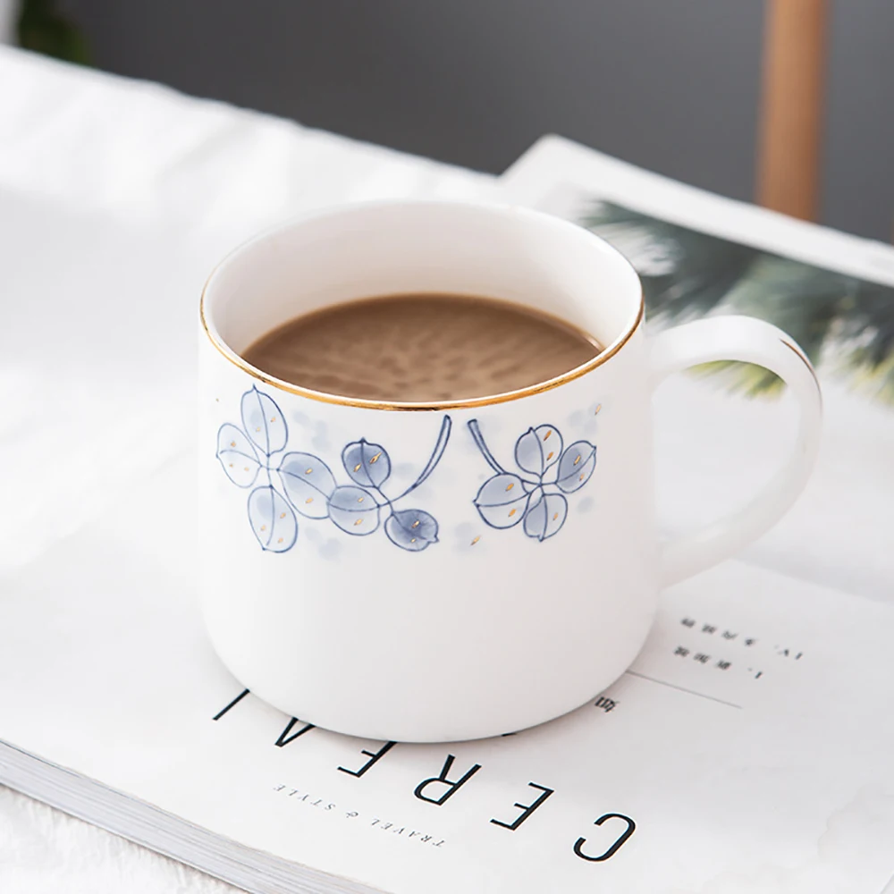

Golden Edge Coffee Mug Hand Painted Ceramic of Bone China Breakfast Cup 350ml Pastoral Style White Milk Oat Mugs Home Cups