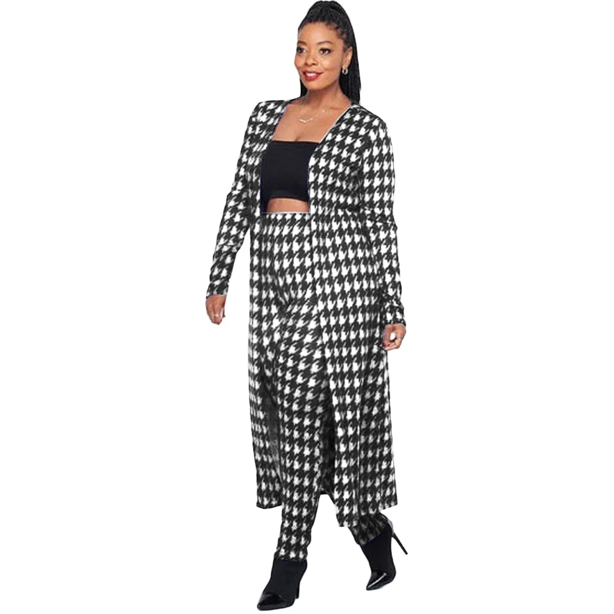 

2021 New Spring Women Printing Pants Outfits Two Pieces Long Sleeves Long Cardigan + Skinny Pants Streetwear Party Sets