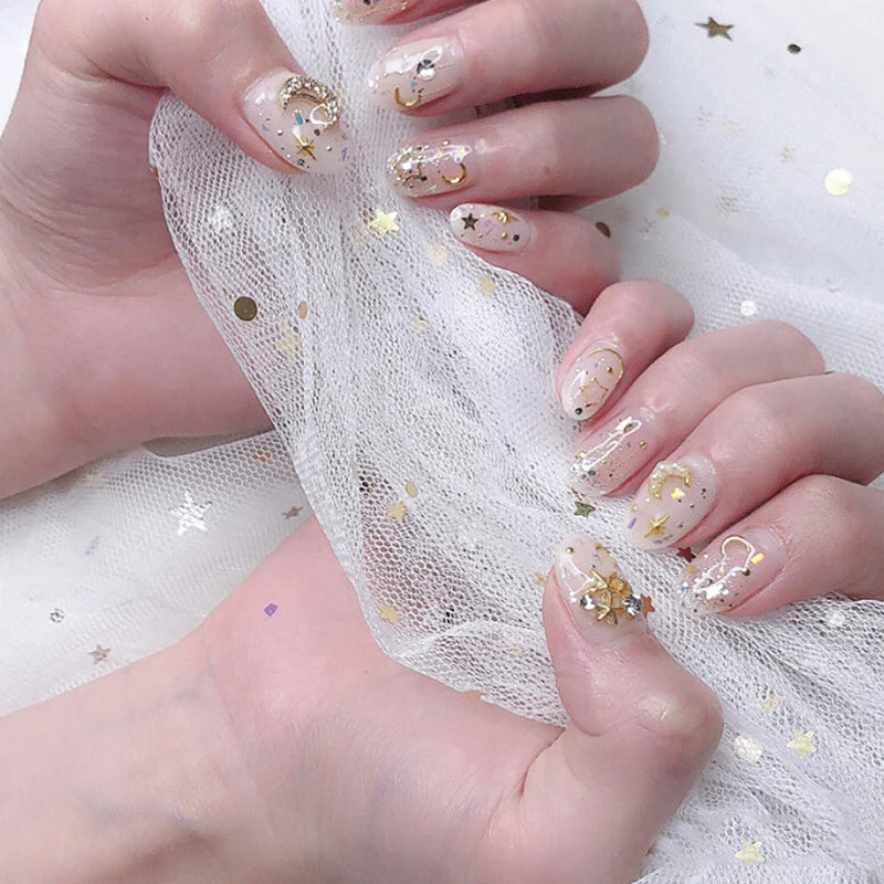 

3D Nail Art Charms Moon Star Metallic Nails Sequins Cross Sun Hollow Slice Press On Tips Rhinestones Acrylic Manicure Supply
