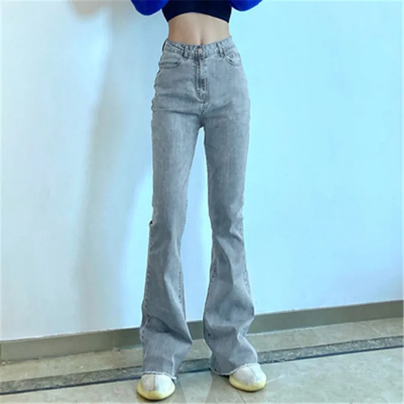 

2021 spring and autumn new products women's pants trousers high waist slim light mature jeans solid color basic flared pants