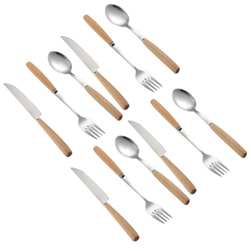 

12 Pieces Cutlery Sets,Wood Stainless Steel Cutlery Set Wooden Handle Flatware Set Knife Fork Spoon Set Tableware