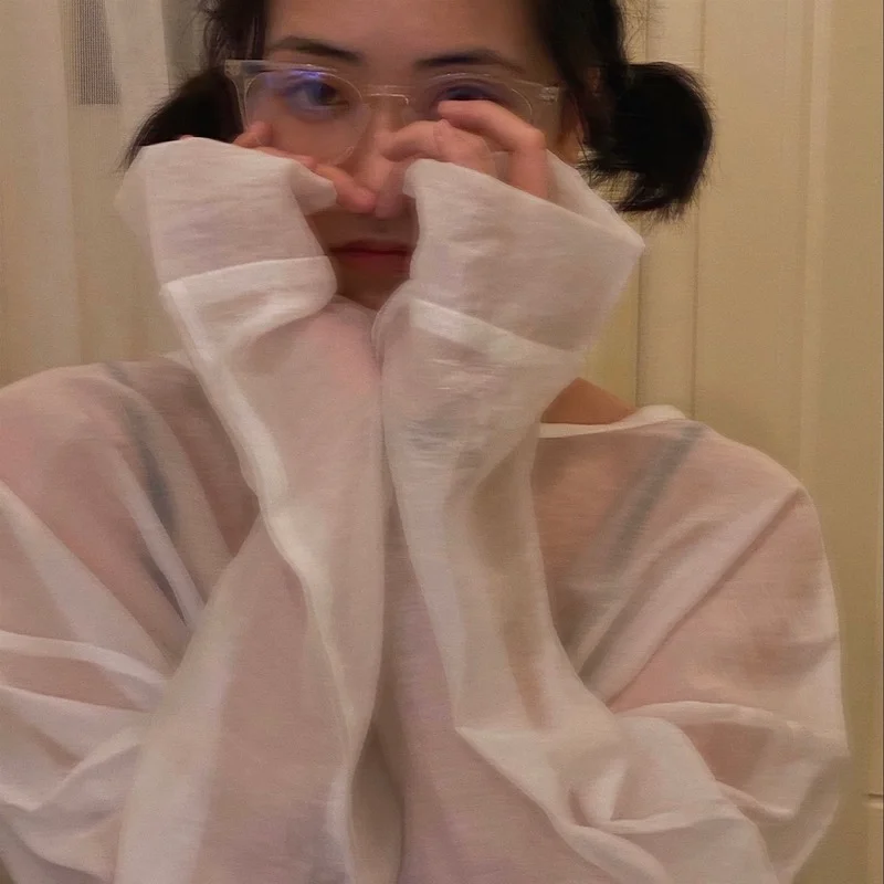 

Women Long Sleeve T-shirts Summer Solid Thin Breathable Sun-proof Tees Mesh Loose O-neck Students Korean Style Leisure All-match