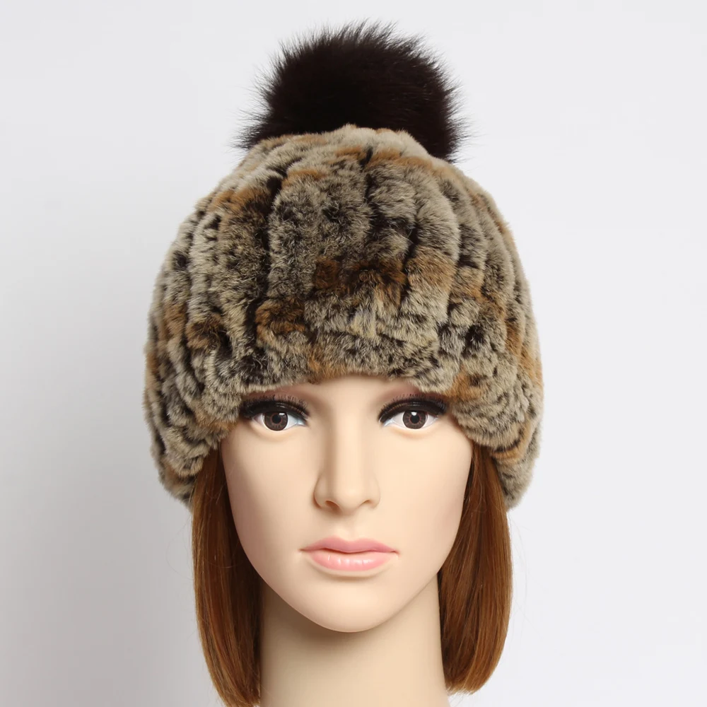 Женская вязаная шапка из натурального меха кролика Рекс зимняя высокая