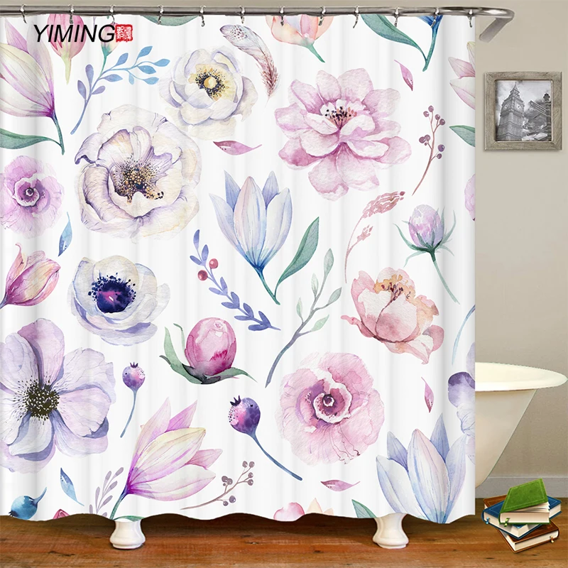 

Red flower print shower curtain bathroom waterproof curtain polyester home decoration curtain with hook 180x180cm
