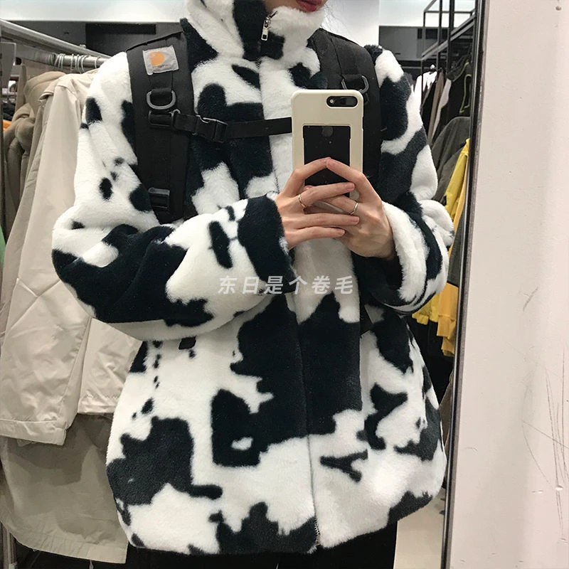 Зимнее меховое пальто для женщин Harajuku молочная коровья корова с принтом