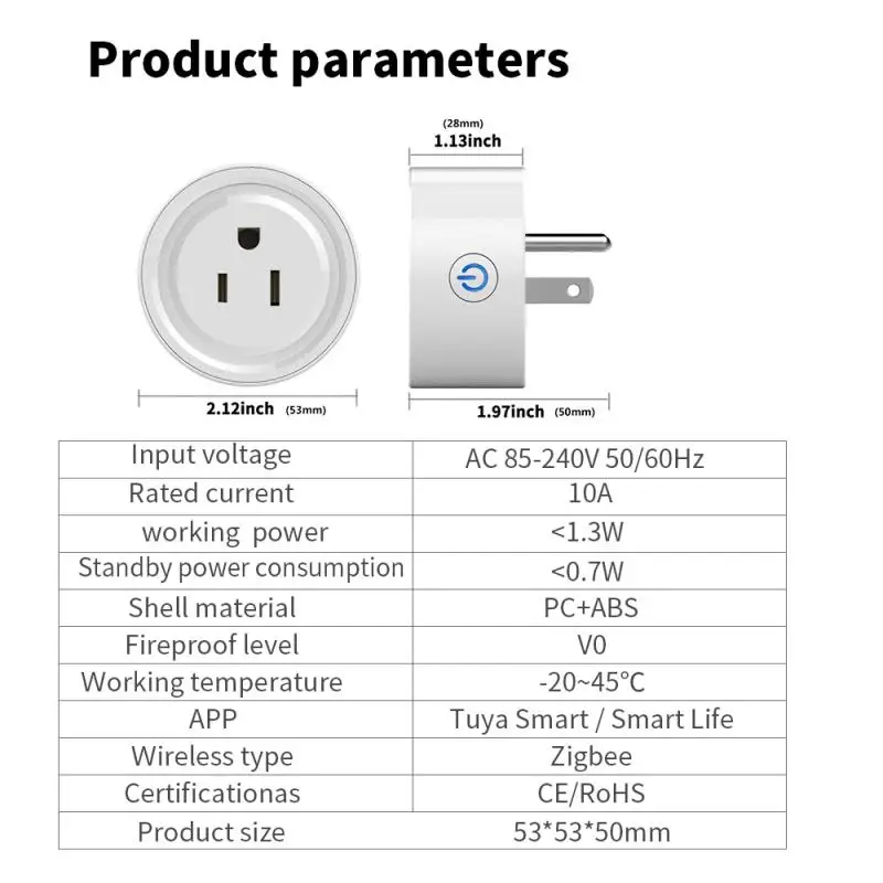 

10A Tuya ZigBee WIFI Plug Smart Life Socket Outlet US Plug APP Remote Control Power Energy Monitor Timing Alexa Google Assistant