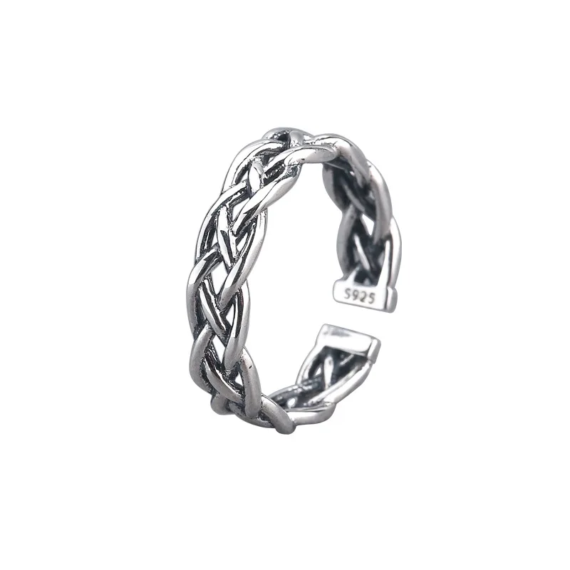 

S925 standard sterling twist braided ring domineering handmade original retro old single open index finger ring