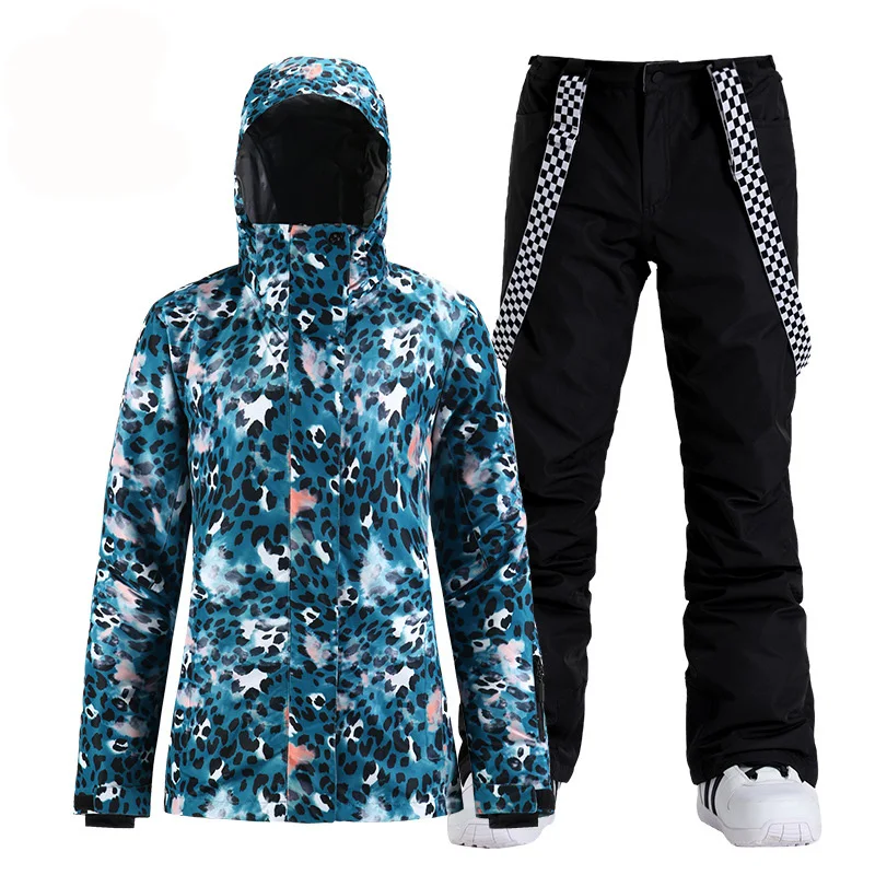 -30 Blue Leopard Women's Snow Suit Wear Outdoor Sports Ski Costumes Waterproof Snowboard Clothing Sets Jacket + Strap Pant Girl | Спорт и