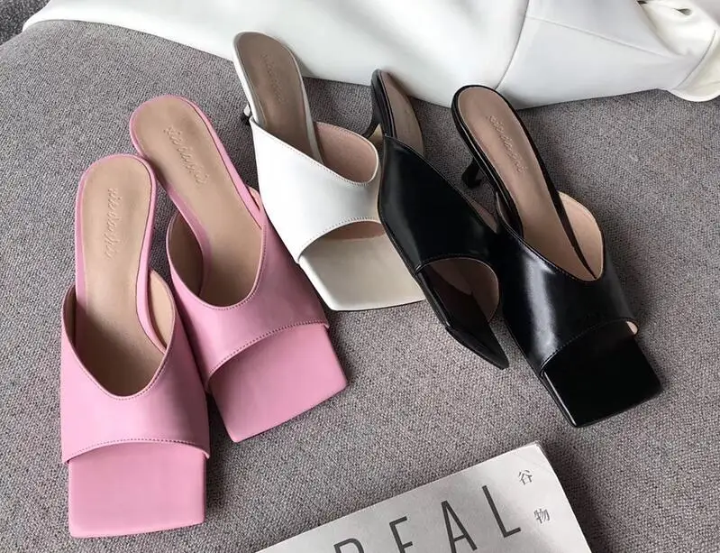

Square Toe Sandals Slides Low Thin high Heels Slippers Fashion Women Slip On Fashion Mules Shoes Solid Color Party Slippers sale