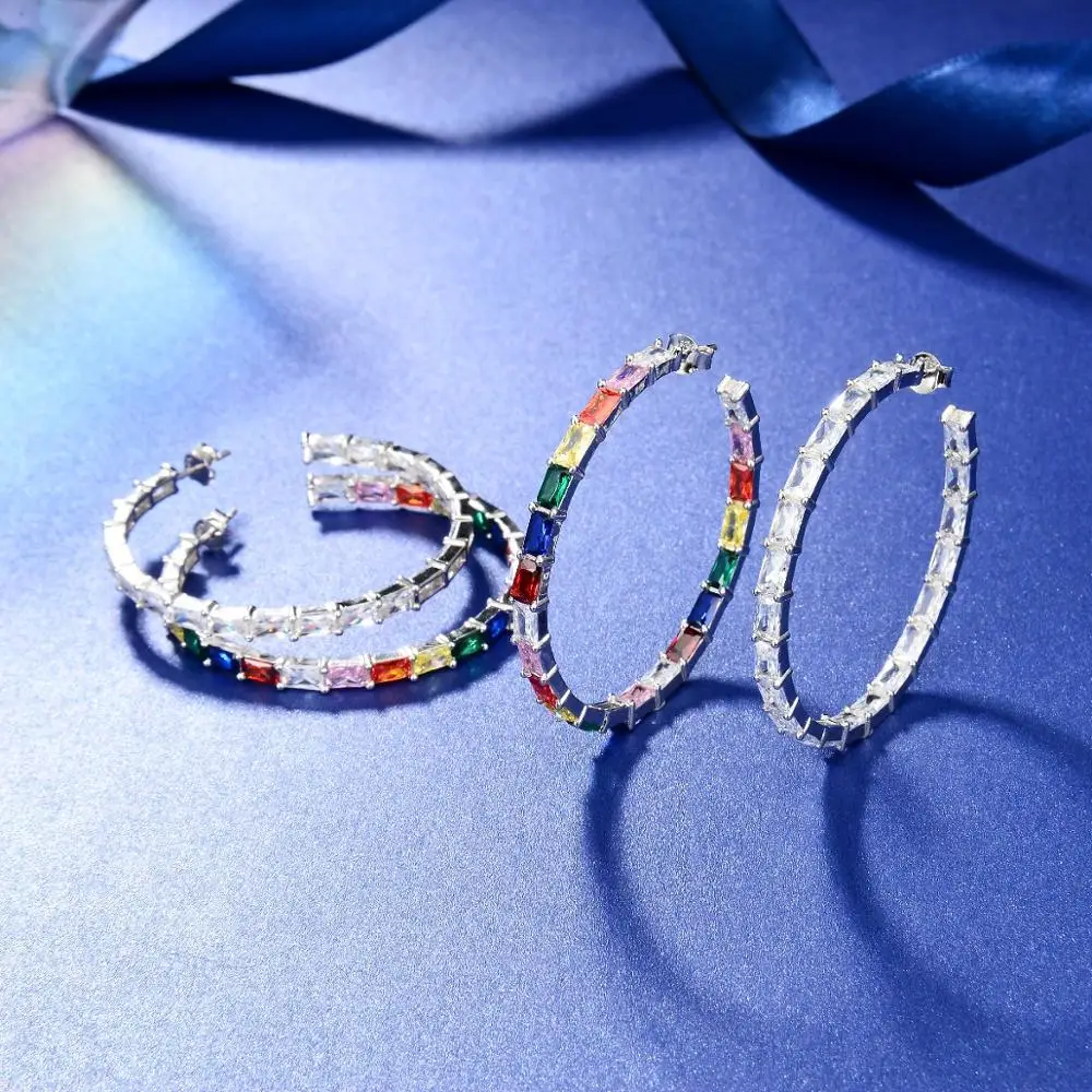 

Beritafon 925 Sterling Silver Colorful Cubic Zirconia CZ Baguettes Large Hoop Earrings For Women or Girls