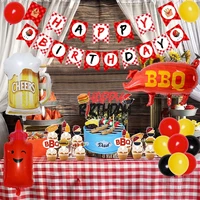 bbq theme birthday party decoration ketchup bbq shape beer foil balloon banner cupcake topper for picnic birthday party supplies