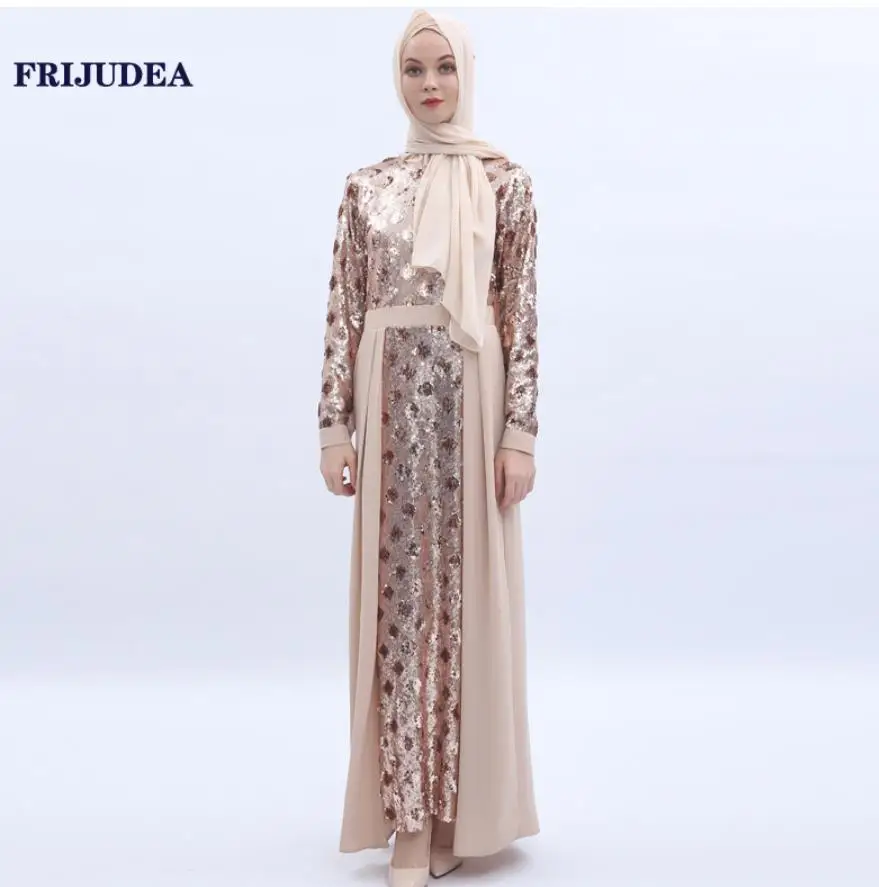FRIJUDEA, роскошное женское платье с длинным рукавом, Дубай, Абая, расшитое блестками, исламское женское платье-Халат - Цвет: Champagne