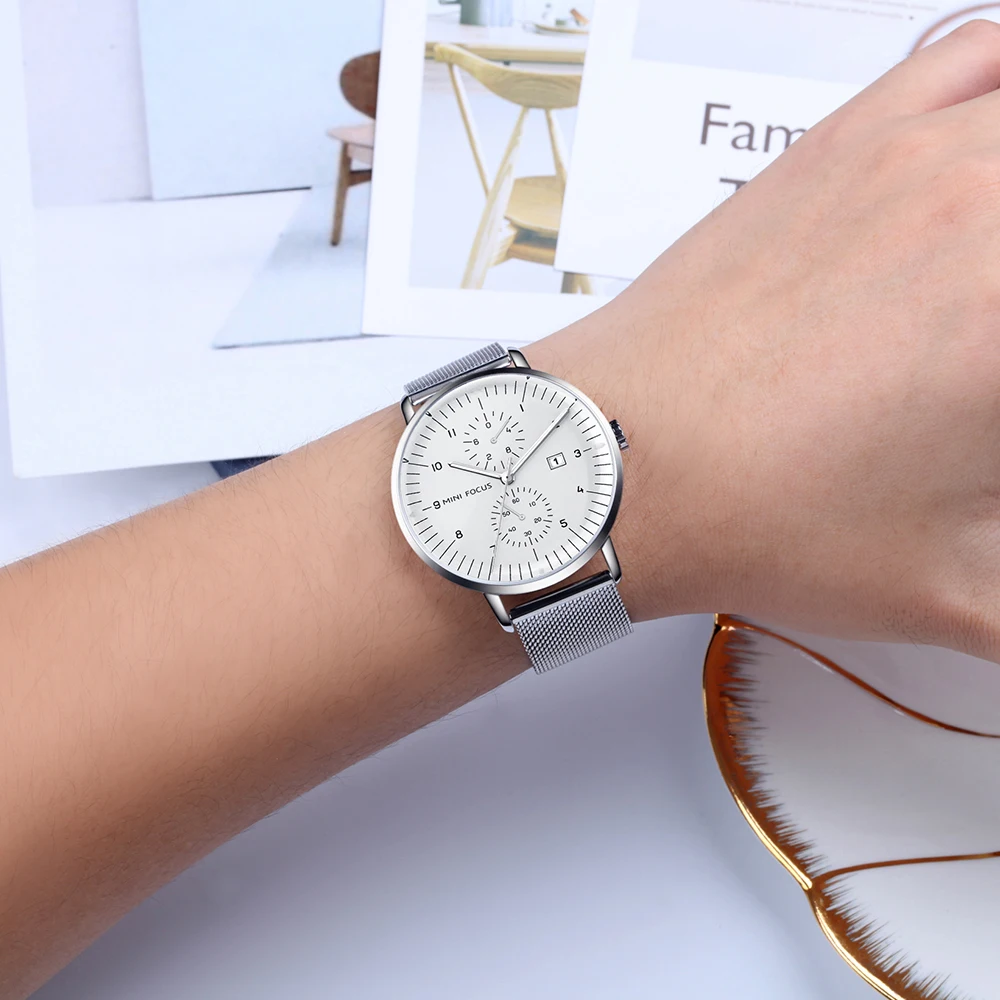 Часы наручные мужские MINI FOCUS s брендовые Роскошные Серебристые Кварцевые