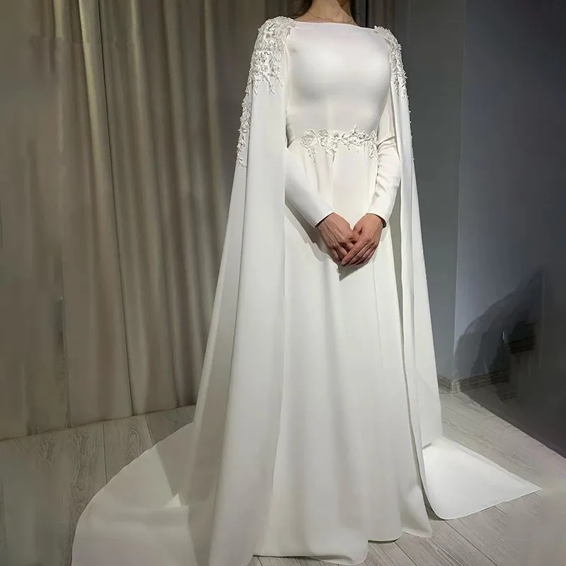 Arabic A Line Muslim Wedding Dress With Cape Long Sleeves High Neck Bride Dress Lace Appliques Sweep Train Vestido De Novia lace wedding dress