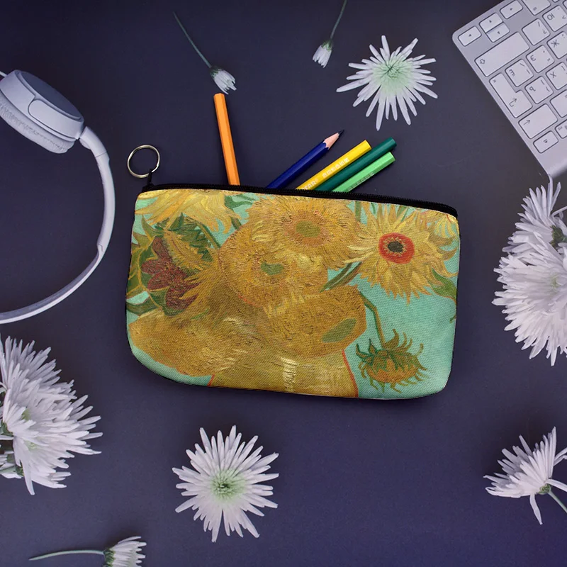 

New Pen Bag Van Gogh Oil Painting Series Printed Canvas Pencil Case Multi-style Large-capacity Student Stationery Bag Coin Bag