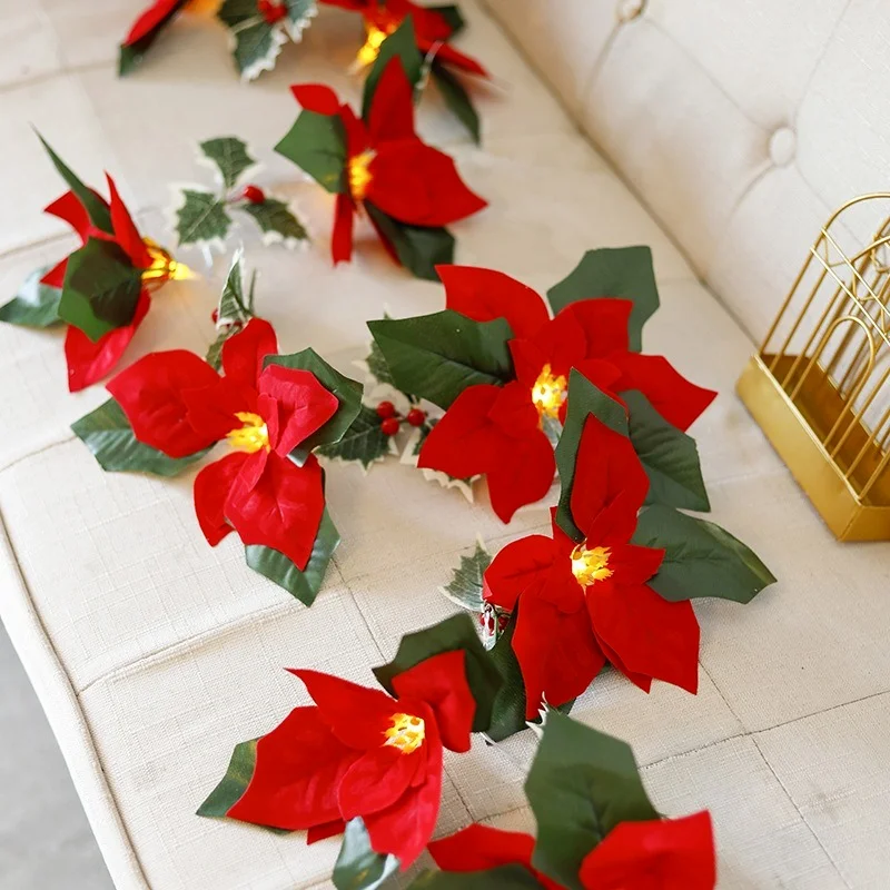 

2m 10LED Christmas Artificial Poinsettia Flowers Garland Fairy Lights Holly Leaves Xmas Tree Ornament Christmas Decorations 2021