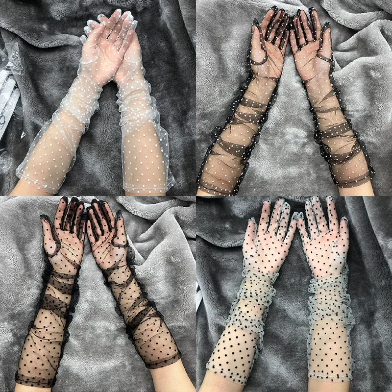 

Long Polka Dot Full Finger Mittens Semi Sheer Lace Long Tulle Gloves Lace Mesh Gauze Ultra Thin Women Bride Wedding Golves
