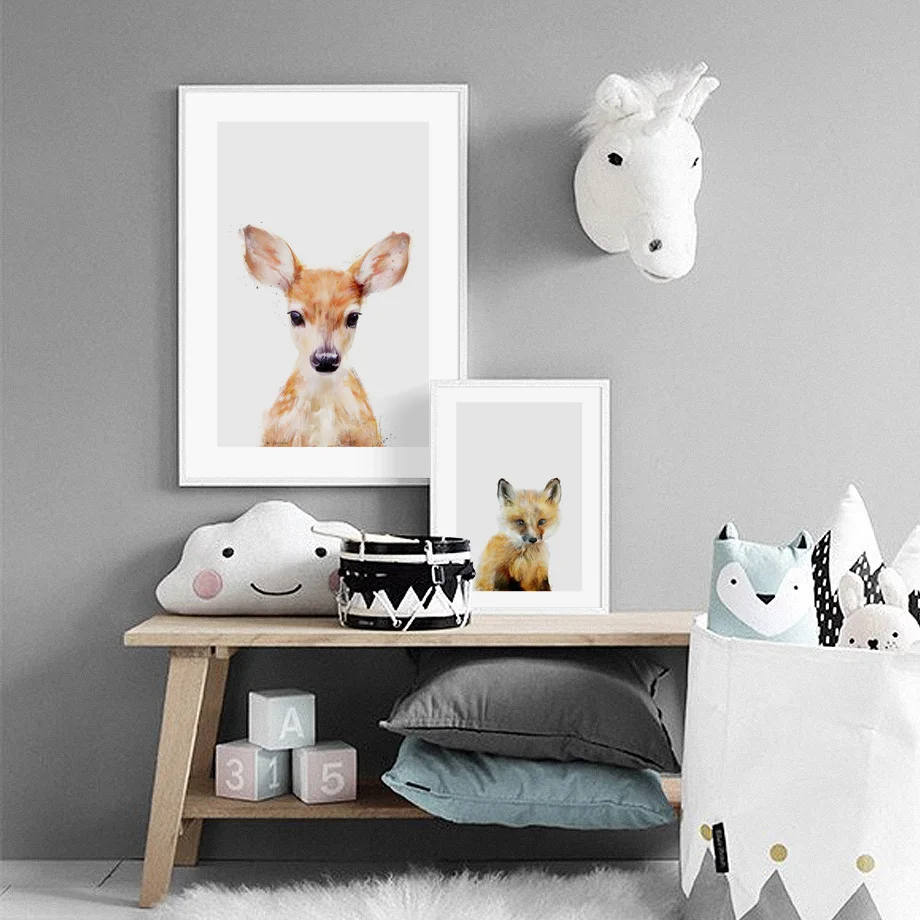 Настенные художественные принты акварельные животные лиса олень кролик волк