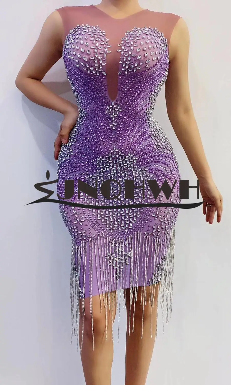 

2020 New women purple Sexy Mesh Diamonds V-Neck sleeveless Bodycon Celebrity Evening Party Bandage Dress