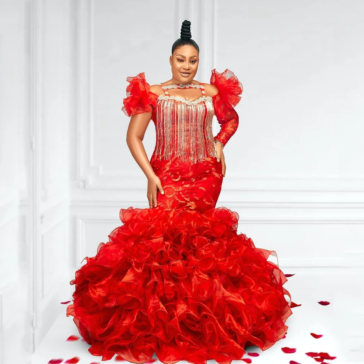 

Aso Ebi Red Luxury Mermaid Prom Dresses Long Sleeves Puffy Ruffles Train Tassel Women Evening Party Gowns Plus Size Custom Made