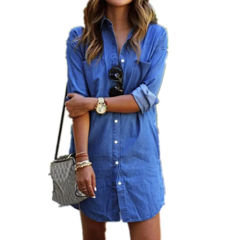 Женское джинсовое мини платье рубашка на пуговицах с длинным рукавом|Женские