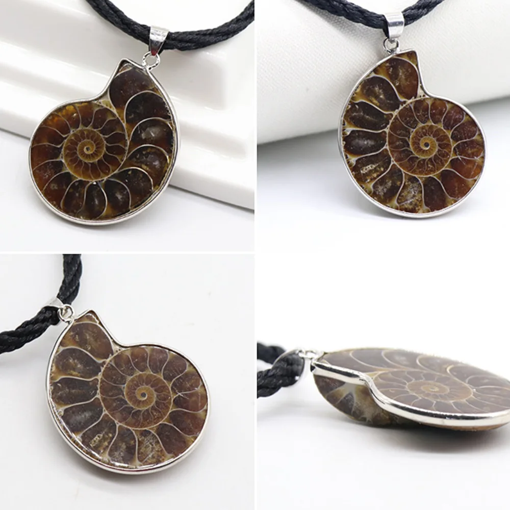 

Natural Polished Ammonite Silver Tone Wrapped Spiral Stone Pendant Necklace Handmade Jewellery