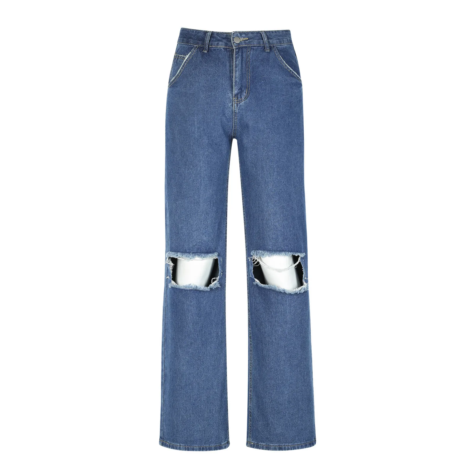 

ISHOWTIENDA Ripped Jeans For Women Fashion High Waist Pocket Solid Casual Loose Wide Leg Pants Hole Jeans