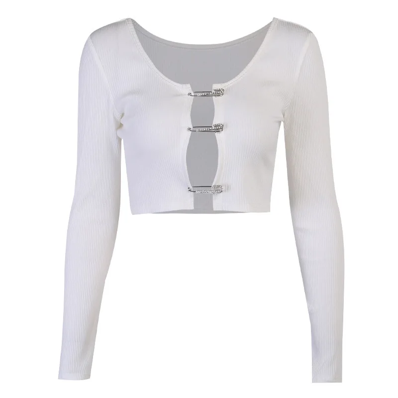 

TRODEAM Fashion Slim Open Navel Cardigan White O Neck Long Sleeve T Shirts Women Streetwear Crop Tops Female Bottom Coat Casual
