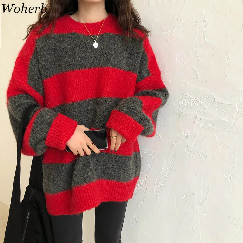 Woherb Women Oversized Thin Sweater Vintage Striped Loose Pullover Streetwear Autumn Knitted Jumper Femme 2021 Sueter Mujer | Женская