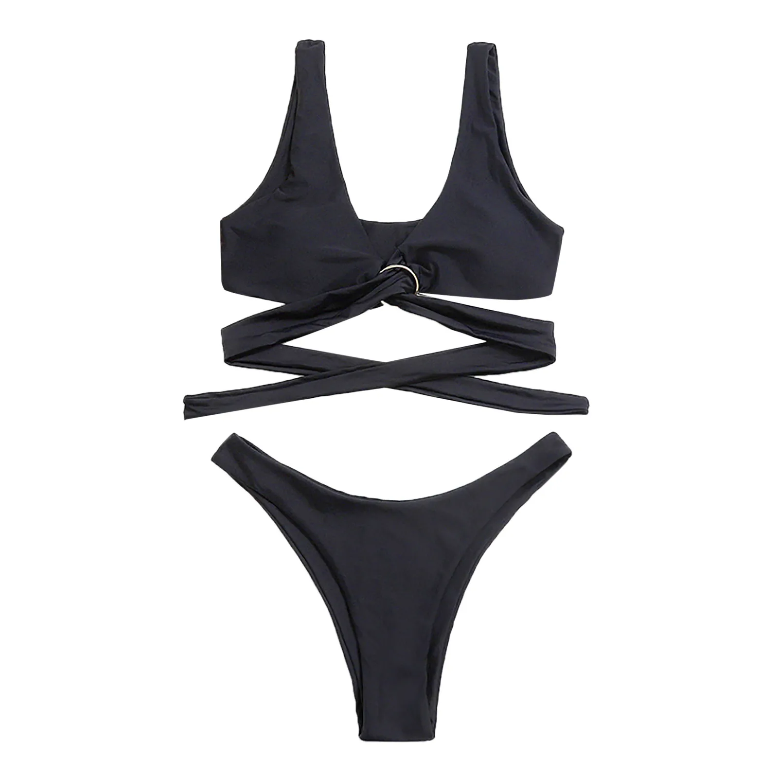 

2pcs Women Swimsuits Bikini Set Push-Up Padded Top High Waist Pure Color Metal Ring Bandage Thong Swimwear Sexy Beachwear 2021