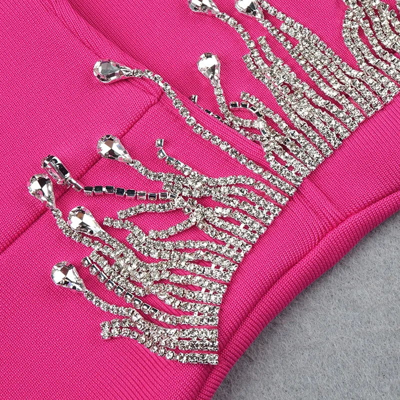 

Women's New Bandage Dress 2021 Sexy Halter Fringe Rhinestone High Neck Long Sleeve Skinny Sexy Celebrity Club Party Mini Dress
