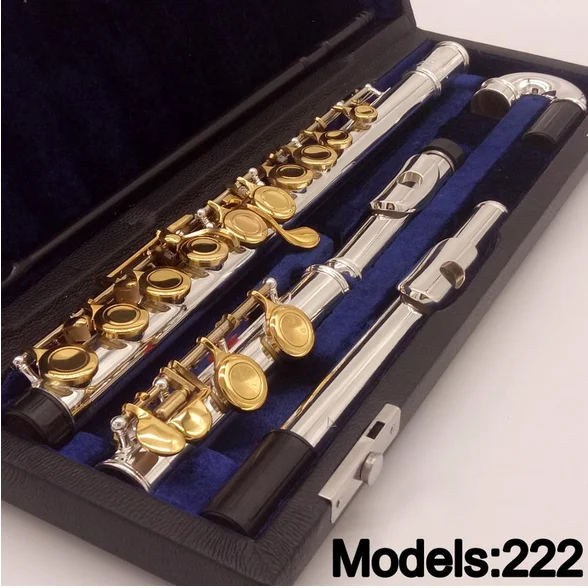 

New MFC Professional Flute 222 Silver Plated Flute Gold Key Intermediate Student Curved Headjoint Flutes C Leg 16 Hole Close
