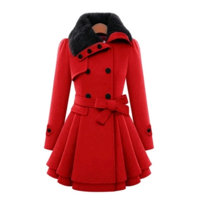 

Women's Winter Slim Long Wool Scoat Double Breasted Padded Korean Cashmere Coat England Style Trench Belt Long Dress Style