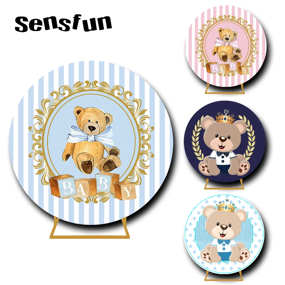 

6 Options Cute Bear Theme Round Backdrop Cover Blue Pink Boy Girl Newborn Baby Shower 1st Birthday Party Photography Background