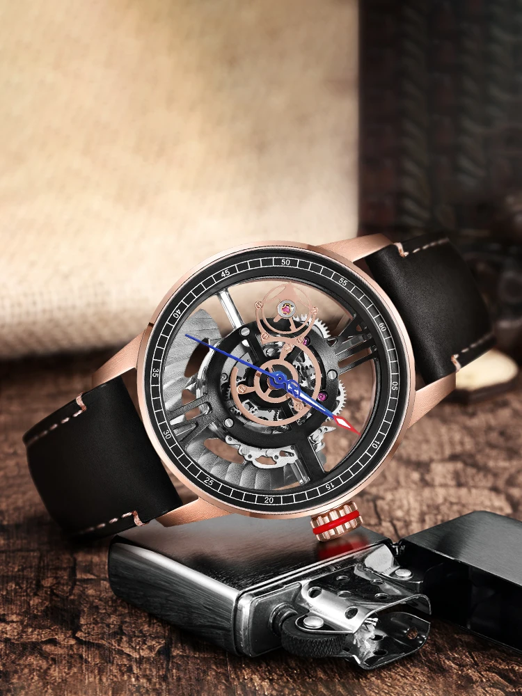 

Simple Waterproof Automatic Hollowed Out Mechanical Watch Trend Black Technology Earth Cool Punk Leather Strap Steel Band Watch