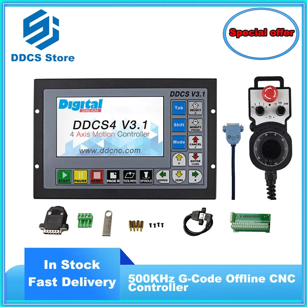 

Special offer DDCSV3.1 3/4 Axis 500KHz G-Code Offline CNC Controller +NEW 4 axis Emergency Stop Electronic Handwheel MPG