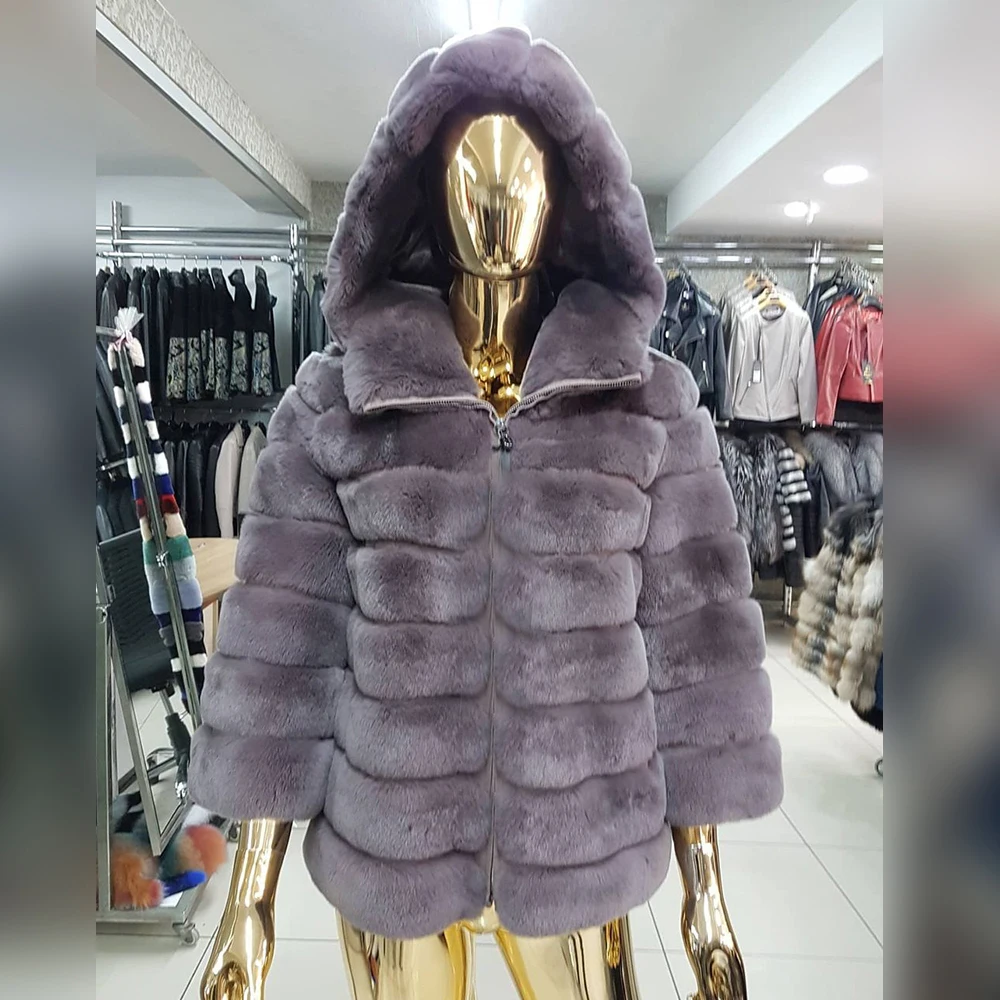 Real Rex Rabbit Fur Jacket With Hood High Quality Women Winter New Whole Skin Genuine Rex Rabbit Fur Coat Trendy Fur Overcoats