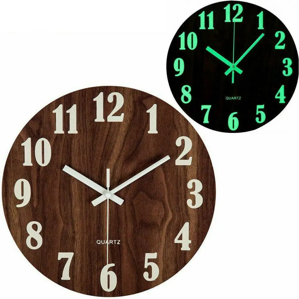 

12 Inch Luminous Wall Clock Wood Silent light in dark night Nordic Fashion Wall Clock Non Ticking Clock With Night Light