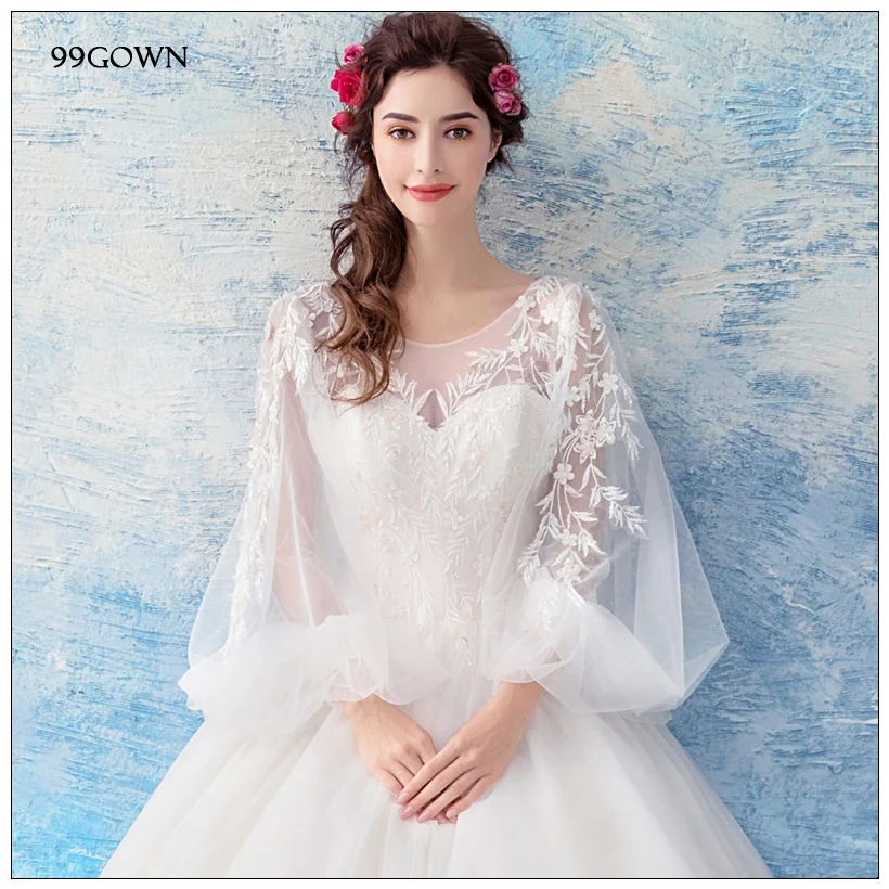 99GOWN, простые свадебные платья для свадебной церемонии, длинный рукав-фонарик, ТРАПЕЦИЕВИДНОЕ свадебное платье из тюля, с кружевами, с открытой спиной, бальное платье