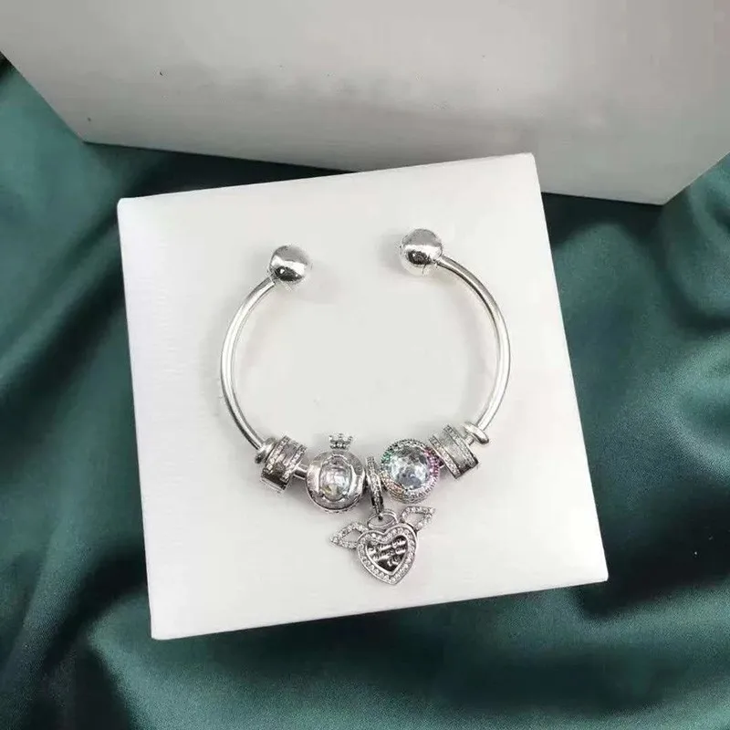 

Original 925 Sterling Silver Crown Beads And Heart Pendant With Open Set Pan Bracelet For Women Wedding Gift Fashion Jewelry