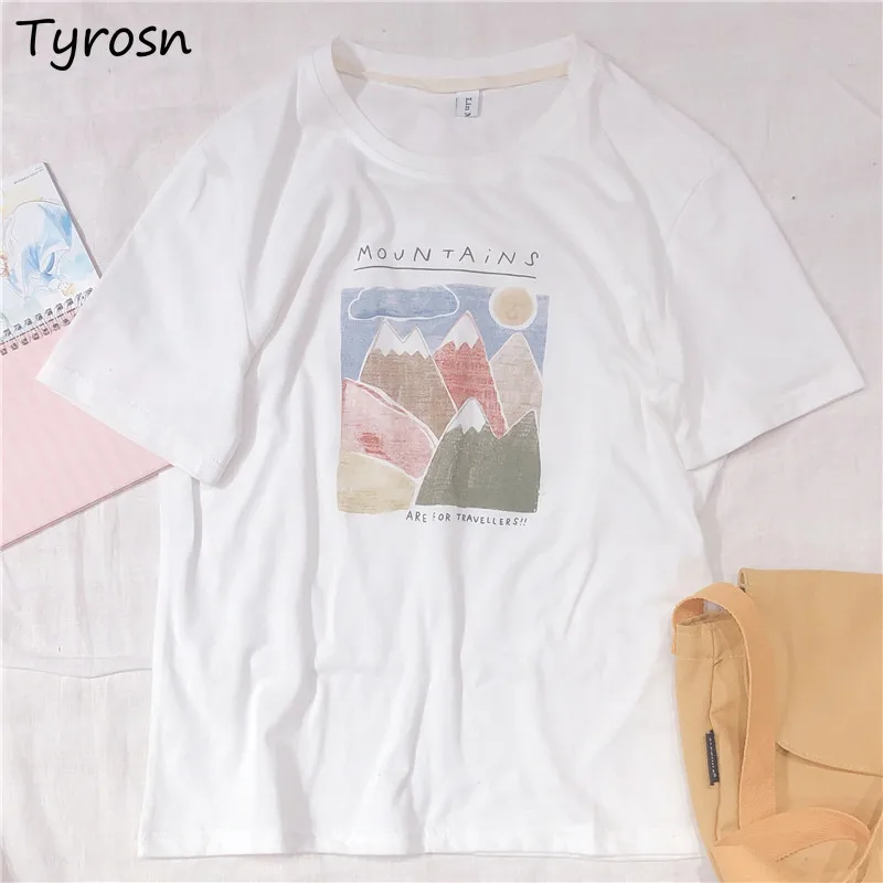 

Женские винтажные футболки с принтом, милые футболки для девушек в стиле ольччан, свободная универсальная Повседневная футболка с коротким...