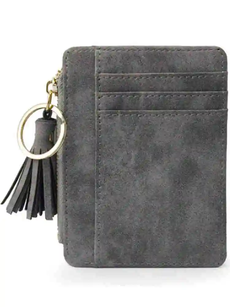 gray Matt Leather Mini Tassel Women Card Holder Cute Credit ID Card Holders Zipper Wallet Case Change Coin Purse Keychain Nubuck New - Цвет: gray
