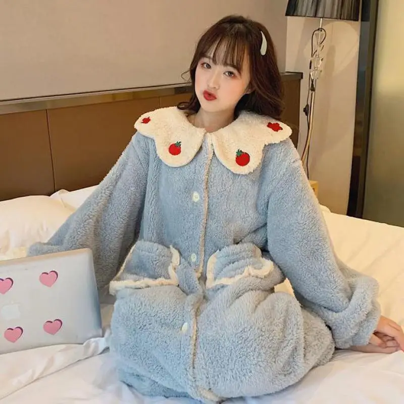 

Oversized Sleepwear Robe Gown Coral Fleece Pajamas Suit Thick Nightgown Women Sweety Lovely Nightwear Hooded 2PCS Home Wear