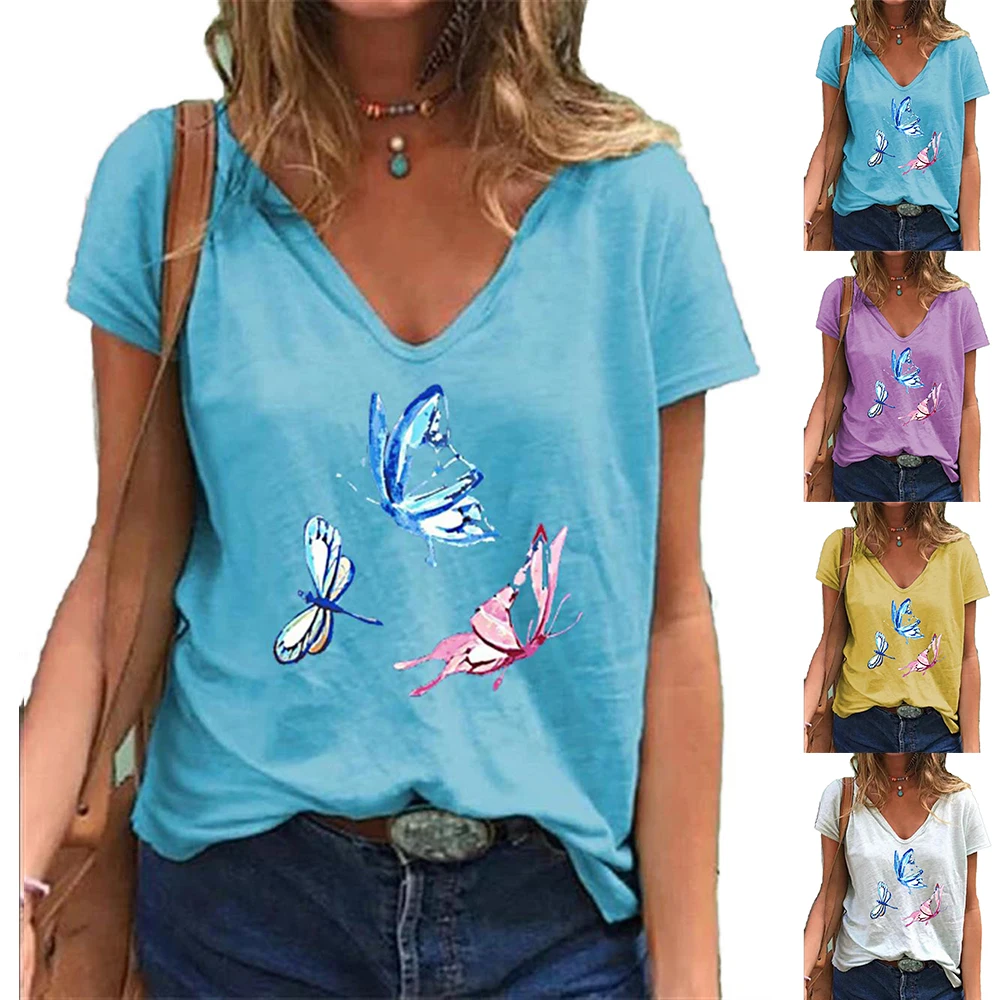

Summer Tshirts Women Tops V neck Female Butterfly Print Loose Tops Ladies Summer Tees Short Sleeve Woman's T Shirt 2021