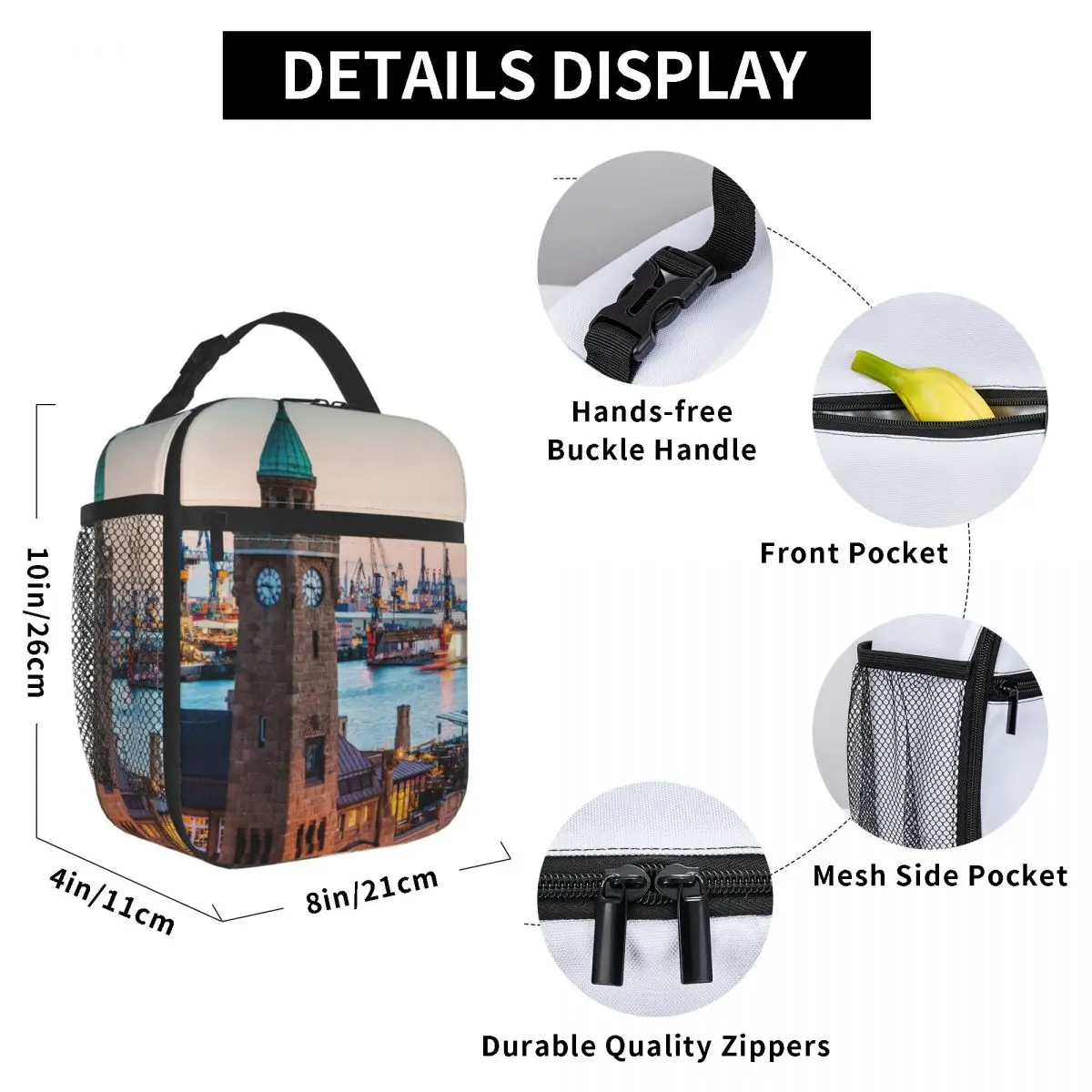 

Clock Tower At The Harbor Lunch Bag for Women Men Large Insulated Lunch Box with Water Bottle Holder and Pockets