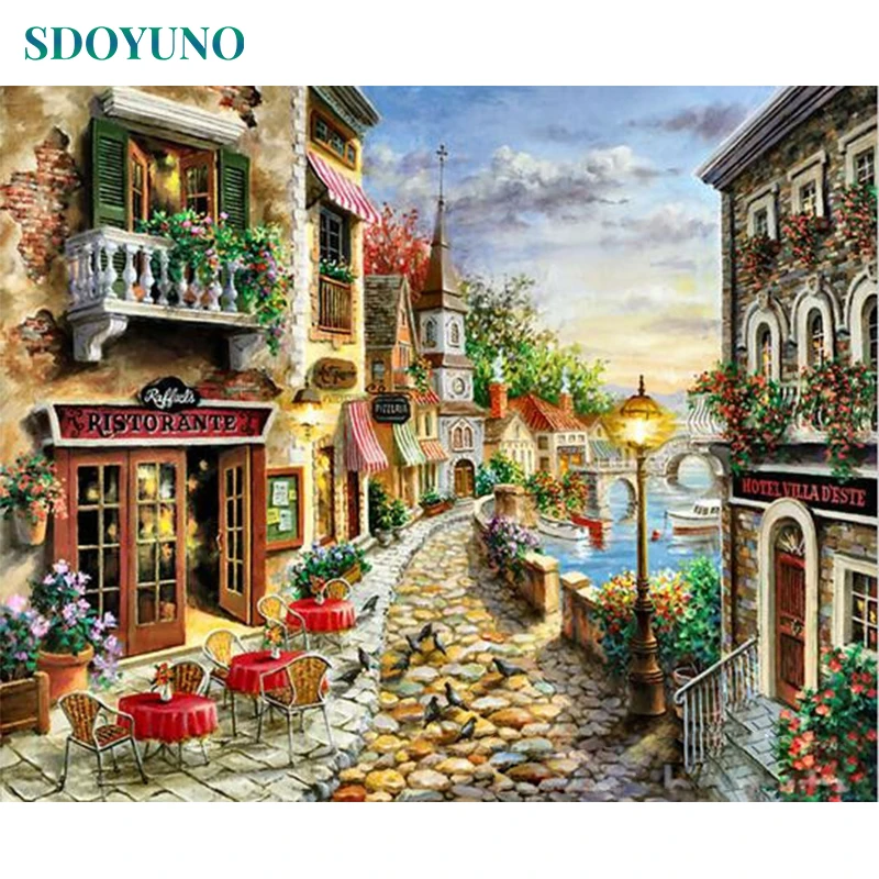

SDOYUNO 60x75cm Paint By Numbers Canvas Painting Kits DIY oil painting by numbers Seaside town Frameless Wall Art Home Decor
