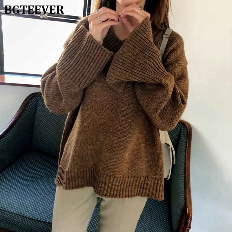 2020 New Autumn V-neck Knitted Female Pullover Casual Tops Split Sleeve Women Sweater Loose Warm Jumpers Outerwear | Женская одежда