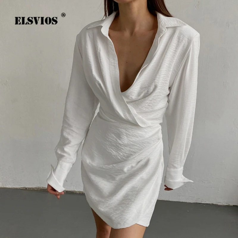 

Женское повседневное мини-платье, элегантное однотонное плиссированное платье-трапеция с отложным воротником и длинным рукавом, весна-осе...